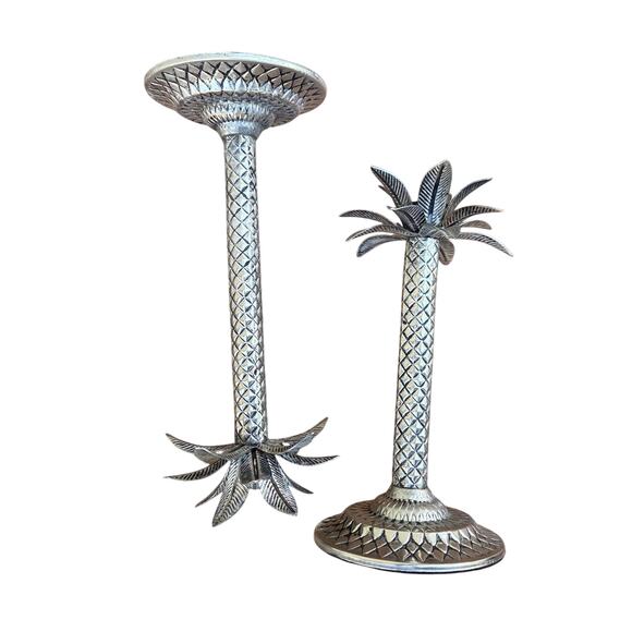 VTG Palm Tree Silver Plated Hollowware Candlestick Pair MCM Retro Candle Holders - Picture 6 of 8